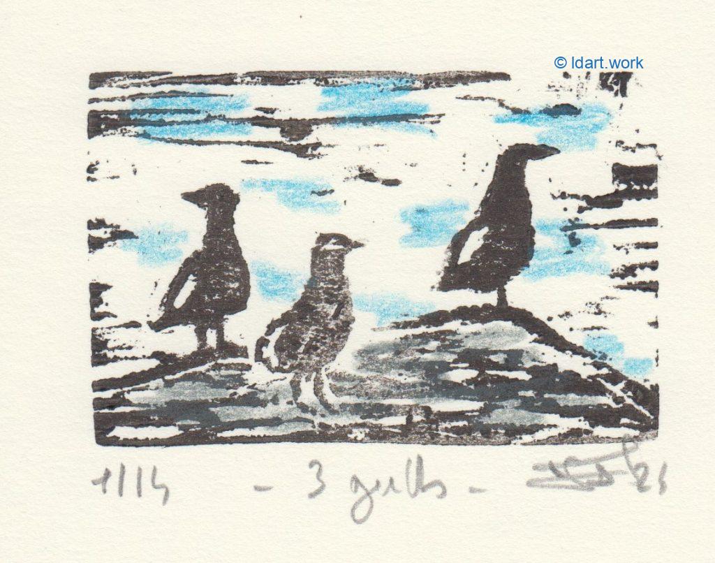 woodcuts: 3 gulls